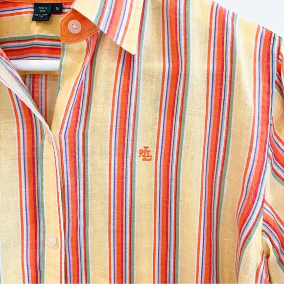 Vintage Lauren Ralph Lauren 100% Linen Yellow Striped Button-Down Size Medium - Picture 3 of 13